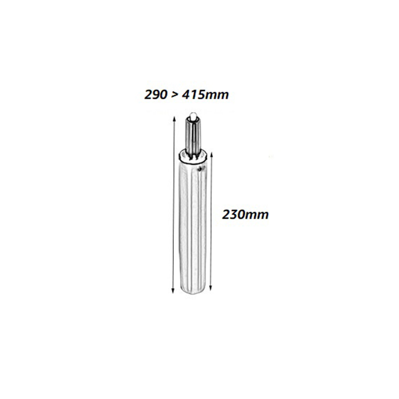 140'lık siyah amortisör ölçüleri: 290mm ile 415mm arasında, 230mm uzunluk.